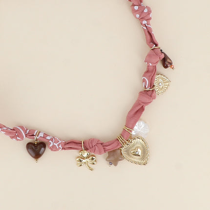 Necklace - ribbon fabric, clover, hearts, star, resin, mother-of-pearl flower