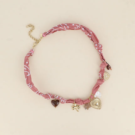 Necklace - ribbon fabric, clover, hearts, star, resin, mother-of-pearl flower