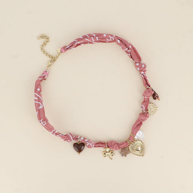 Collier - tissu ruban, trèfle, coeurs, étoile, résine, fleur nacrée