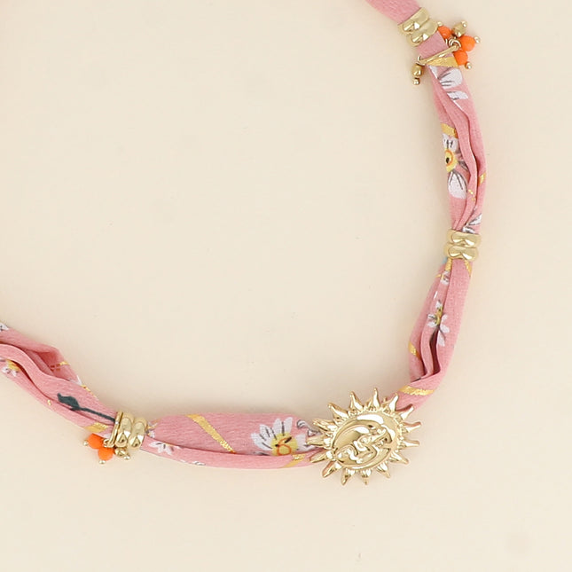 Collier - tissu ruban, soleil et perles
