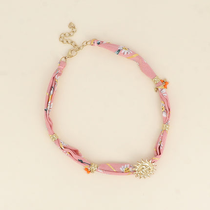Collier - tissu ruban, soleil et perles