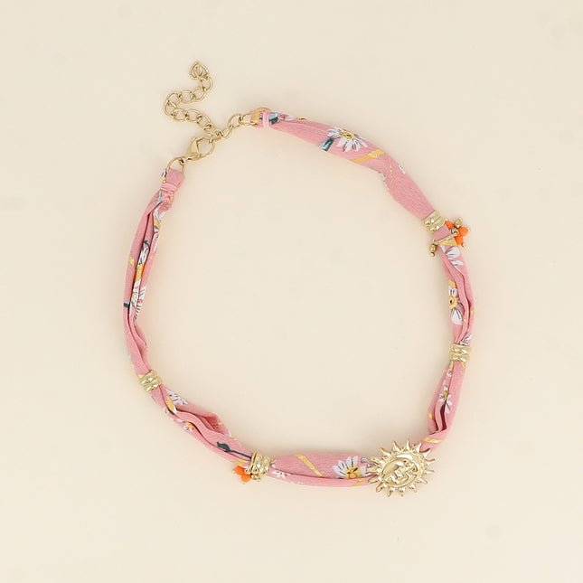 Collier - tissu ruban, soleil et perles