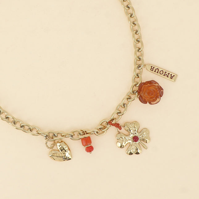 Necklace - heart, enameled ceramic bead, clover, resin rose, AMOUR tag
