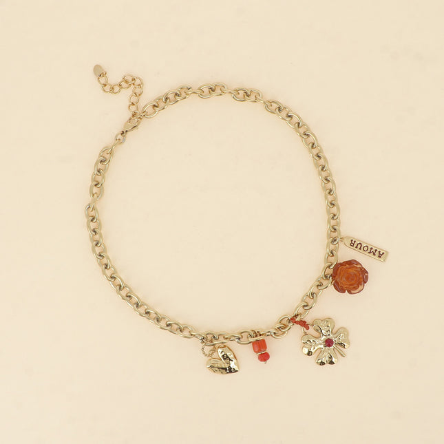 Necklace - heart, enameled ceramic bead, clover, resin rose, AMOUR tag