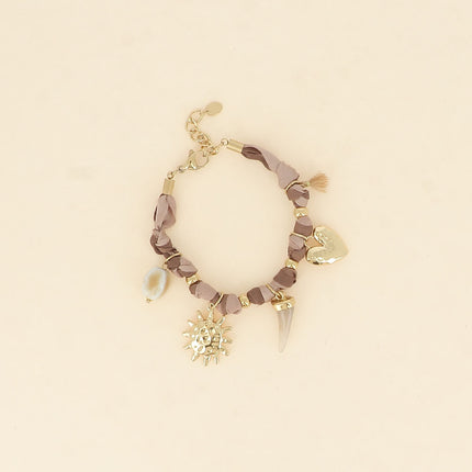 Bracelet - tissu ruban, perle en céramique émaillée, soleil, corne en résine, coeur texturé