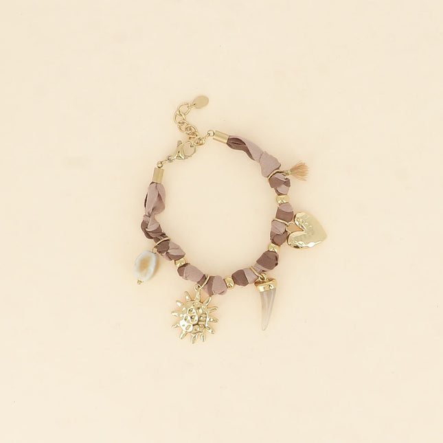 Bracelet - tissu ruban, perle en céramique émaillée, soleil, corne en résine, coeur texturé