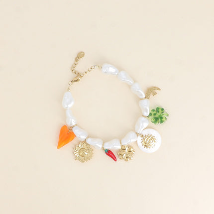 Bracelet - perles de résine, coeur, fleur, piment, trèfles, soleil, pièce nacrée et oiseau