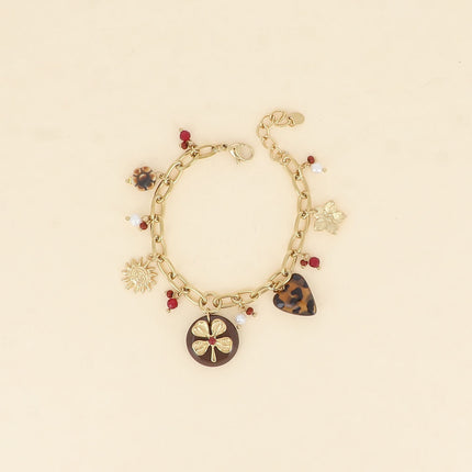 Bracelet - fleur en céramique émaillée, soleil, trèfle sur pièce ronde en résine, coeur léopard, fleur