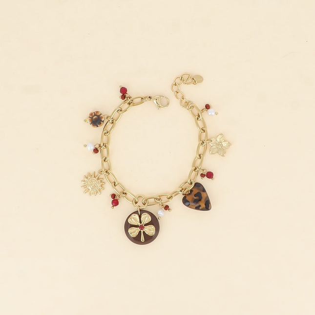 Bracelet - fleur en céramique émaillée, soleil, trèfle sur pièce ronde en résine, coeur léopard, fleur
