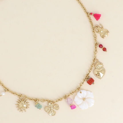 Necklace - sun, clover, natural stones, mother-of-pearl flower, heart, scarab
