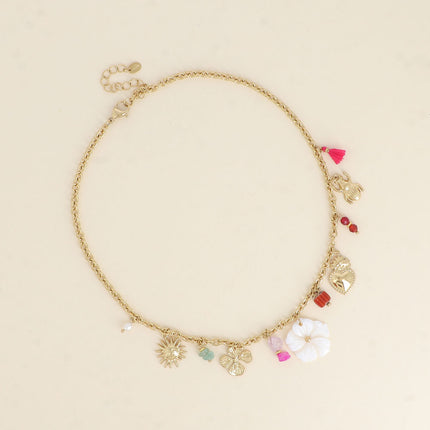 Necklace - sun, clover, natural stones, mother-of-pearl flower, heart, scarab