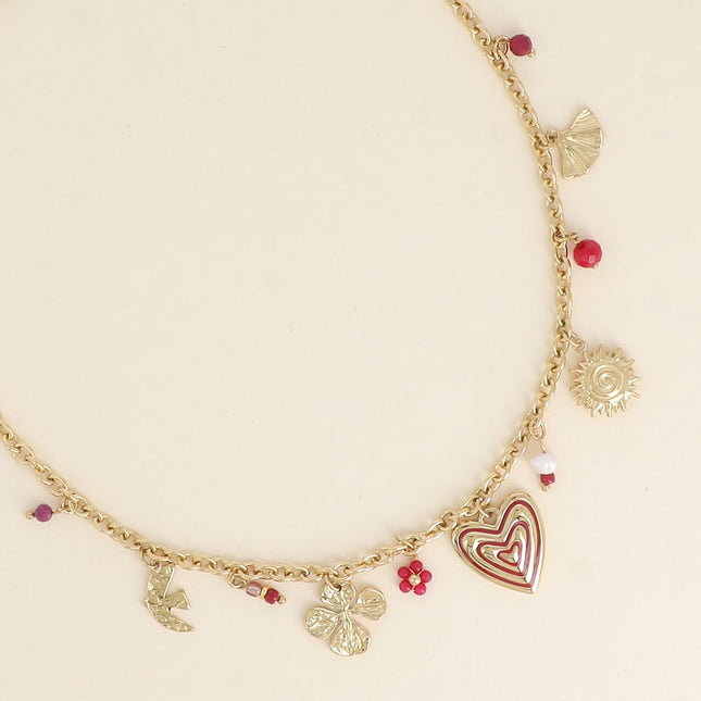 Collier - soleil, coeur, trèfle et perles