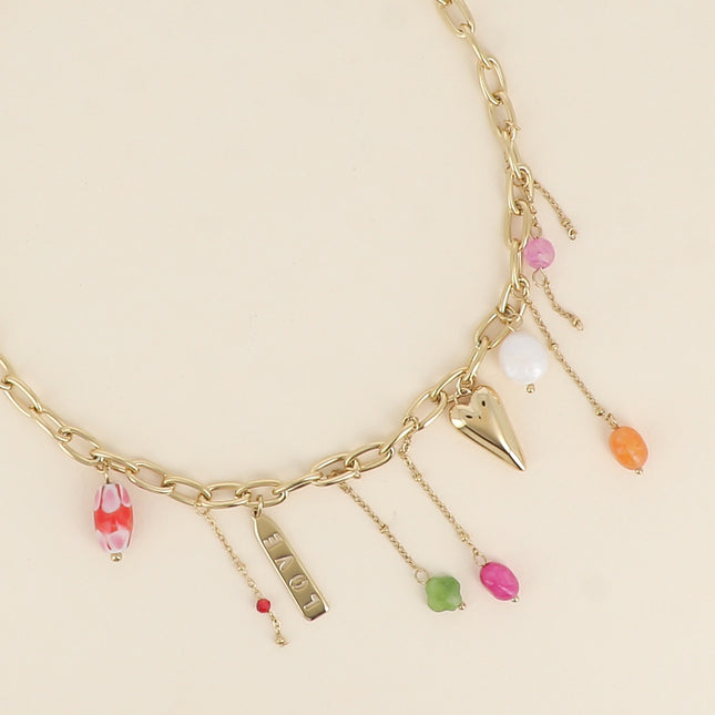 Necklace - enameled ceramic bead, LOVE charm, heart, freshwater pearl and natural stones
