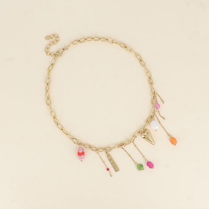 Necklace - enameled ceramic bead, LOVE charm, heart, freshwater pearl and natural stones