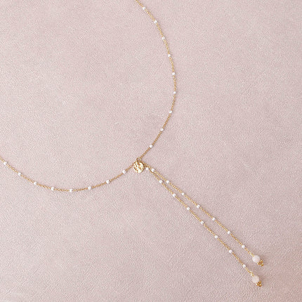 Y-necklace - enameled chain, natural stones, textured round disc