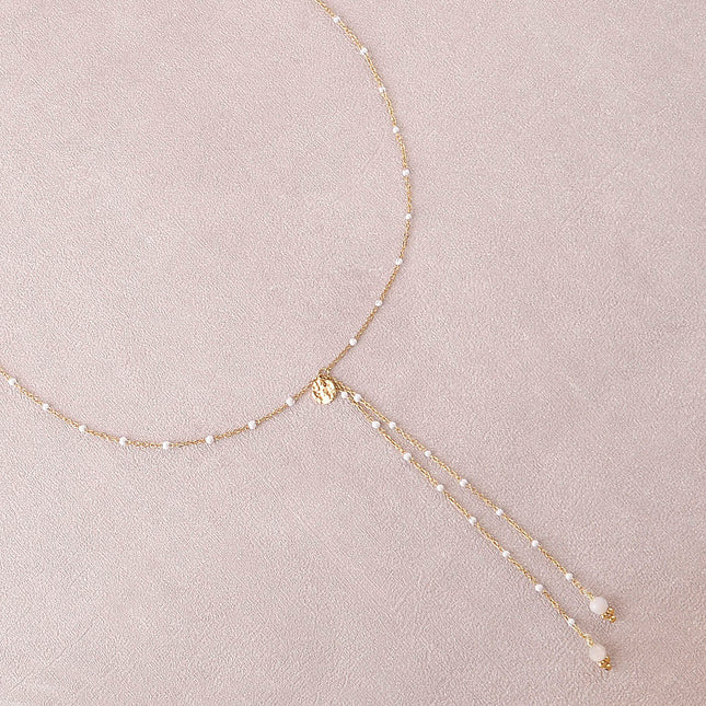 Collier Y - chaîne émaillée, pierres naturelles, pastille ronde texturée
