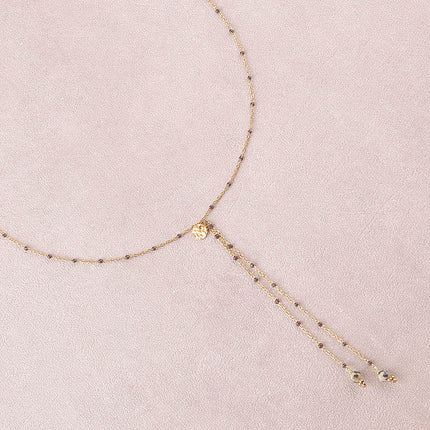 Y-necklace - enameled chain, natural stones, textured round disc