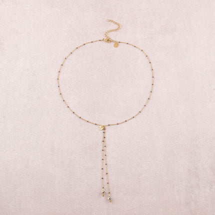 Y-necklace - enameled chain, natural stones, textured round disc