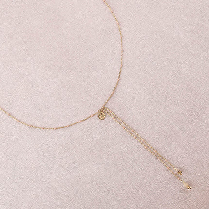 Y-necklace - enameled chain, natural stones, textured round disc