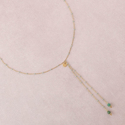 Y-necklace - enameled chain, natural stones, textured round disc