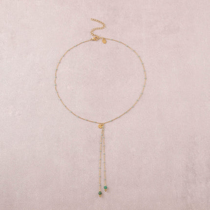 Y-necklace - enameled chain, natural stones, textured round disc