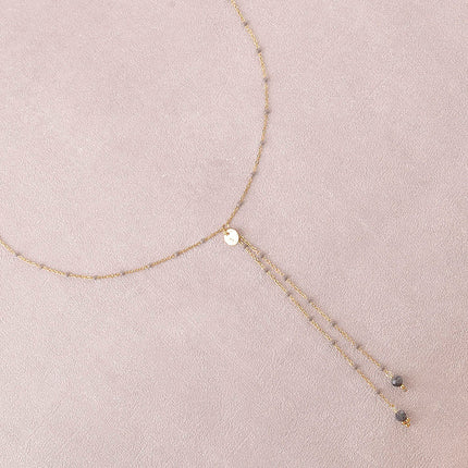 Y-necklace - enameled chain, natural stones, textured round disc