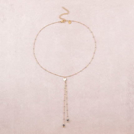 Y-necklace - enameled chain, natural stones, textured round disc