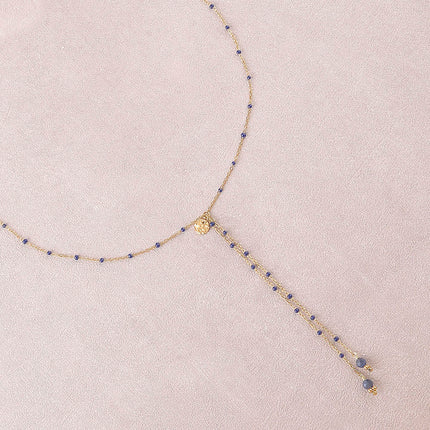 Y-necklace - enameled chain, natural stones, textured round disc