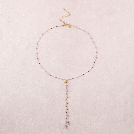 Y-necklace - enameled chain, natural stones, textured round disc