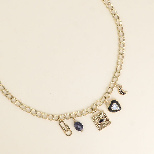 Necklace - paperclip, natural stone, square and crystal, enameled heart and moon