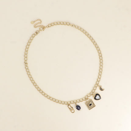 Necklace - paperclip, natural stone, square and crystal, enameled heart and moon