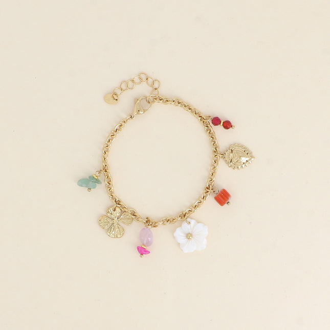 Bracelet - soleil, trèfle, pierres naturelles, fleur nacrée, coeur, scarabée