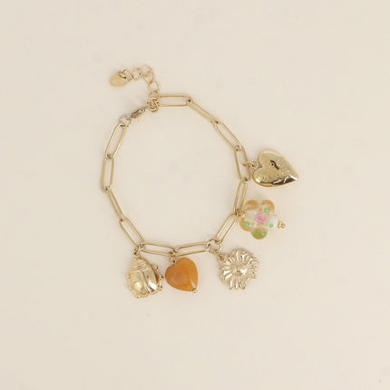 Bracelet - ladybug, resin flower, beaded heart, flower, heart with engraved flowers