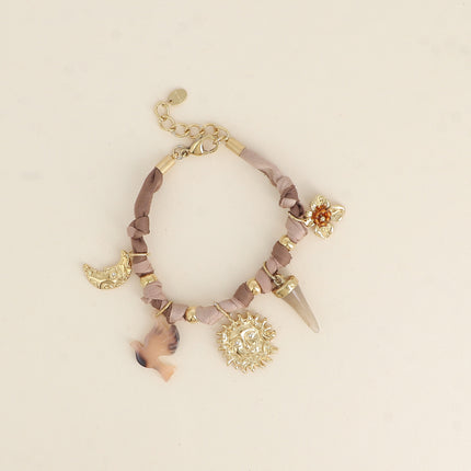 Bracelet - tissu ruban, lune, soleil, corne en résine, fleur