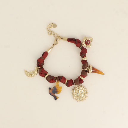 Bracelet - tissu ruban, lune, soleil, corne en résine, fleur