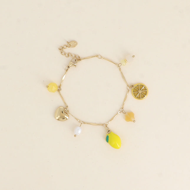 Bracelet Limoncello - pierres naturelles, citron en émail, perle d'eau douce, coeur