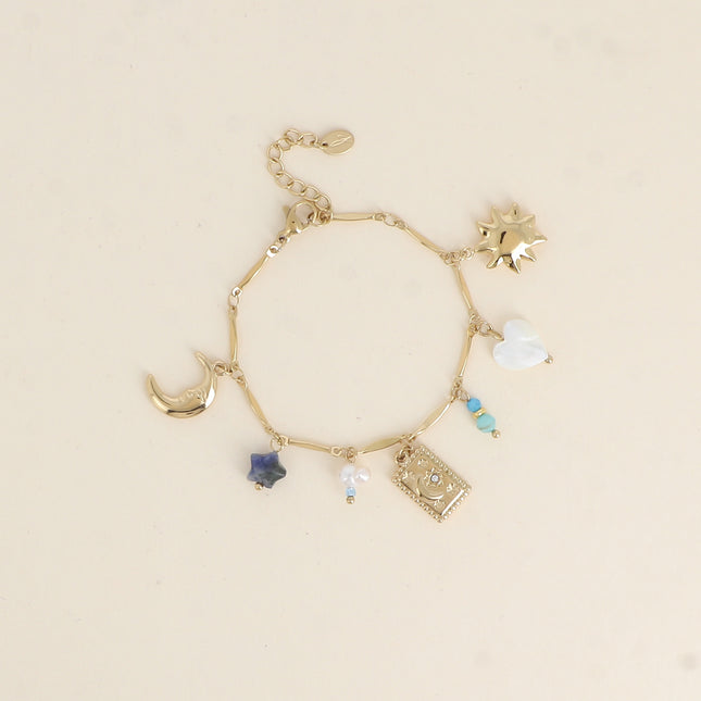 Azul bracelet - sun, mother-of-pearl heart, crescent moon plate, stars, natural stones