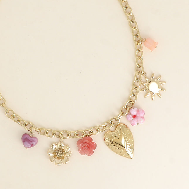 Collier - fleurs en résine, céramique, soleil, coeur