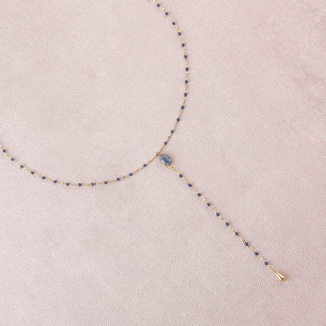 Collier Y Azalée - chaîne émaillée et pierre naturelle ovale
