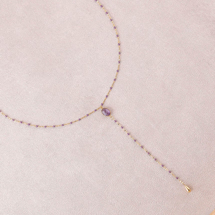 Azalea Y Necklace - enamelled chain and oval natural stone