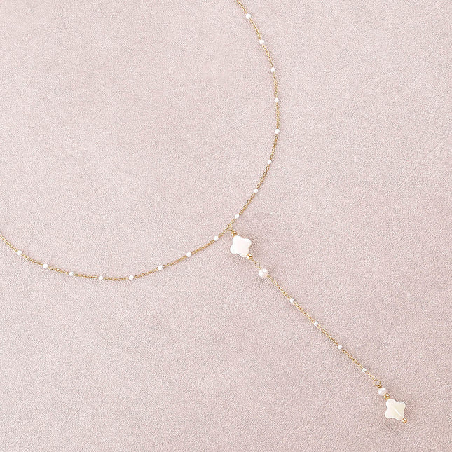 Collier Y - chaîne émaillée et trèfles nacrés