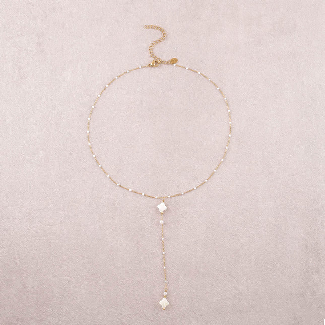 Collier Y - chaîne émaillée et trèfles nacrés