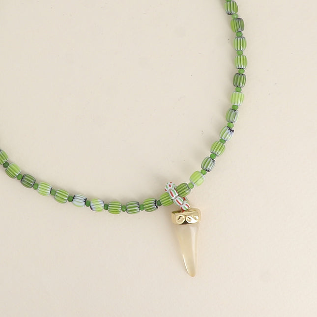 Natura Necklace - on wire, enamelled ceramic beads, resin horn pendant