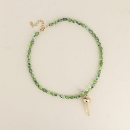 Natura Necklace - on wire, enamelled ceramic beads, resin horn pendant