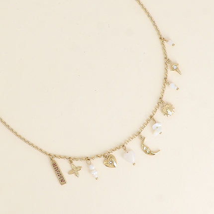Collier - coeurs, croissant de lune, soleil, pierres naturelles