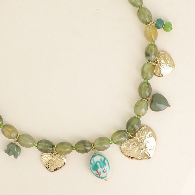Avely necklace - on a cable chain, with hearts, an elephant, beads, and engraved flowers