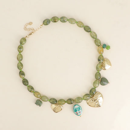 Avely necklace - on a cable chain, with hearts, an elephant, beads, and engraved flowers