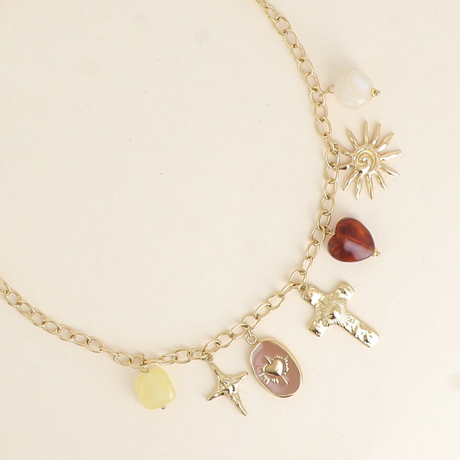 Collier - résine, soleil, coeur émaillé, croix religieuse, croissant de lune