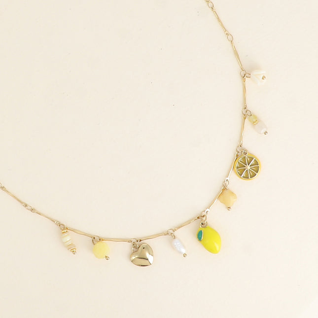 Collier Limoncello - pierres naturelles, citron en émail, perle d'eau douce, coeur