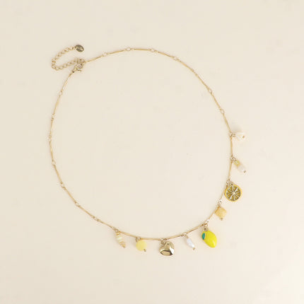 Collier Limoncello - pierres naturelles, citron en émail, perle d'eau douce, coeur